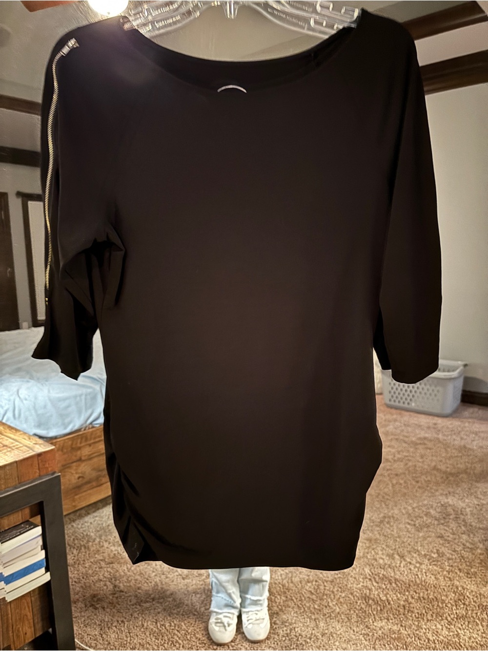 INC International Concepts Black Short-Sleeve Top with Shoulder Zip
